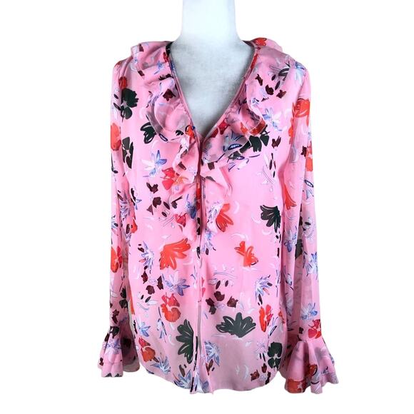 C/MEO COLLECTIVE Pink Floral Ruffle Blouse Elude M NWT Colorful Bright - Picture 2 of 7
